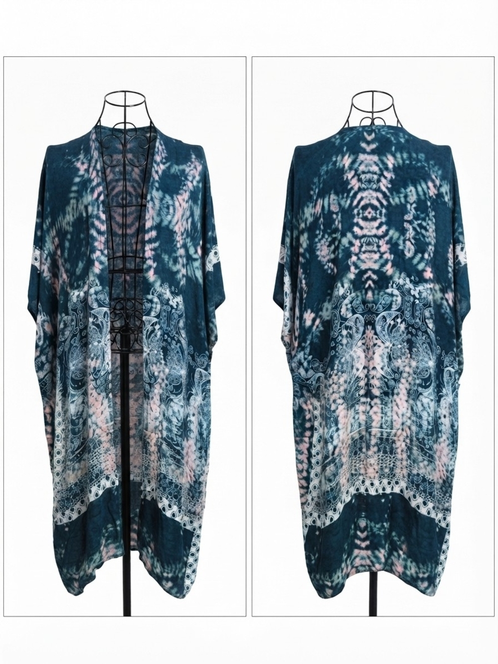 Boho Tie-Dye Kimono Jacket - Teal & Pink